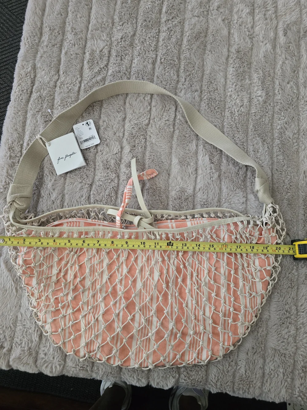 Free People Cream Net Knotted Hobo Shoulder Bag Drawstring Striped Orange Lining